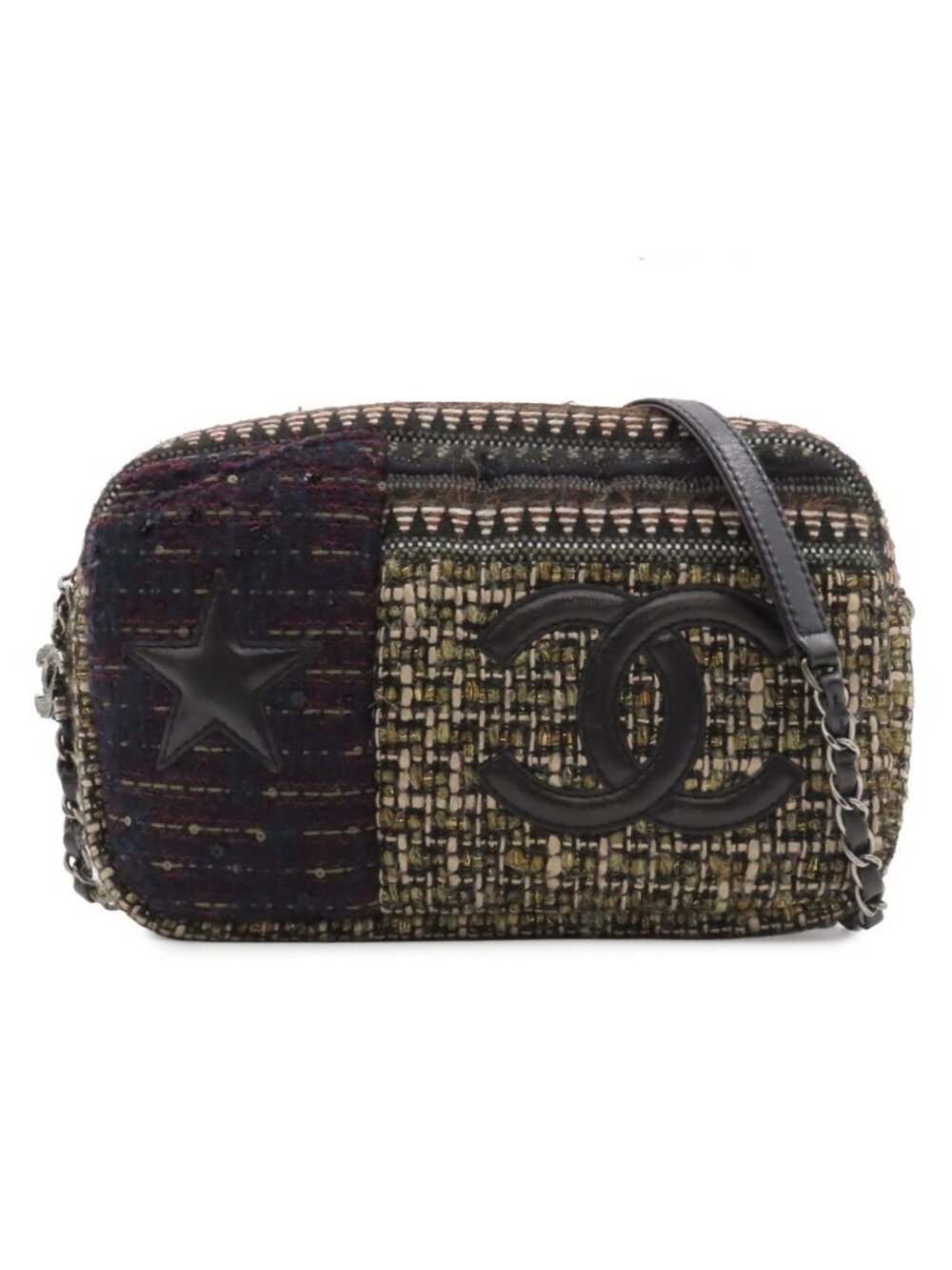 Chanel Chain Shoulder Bag Star CC Logo Brown Black Multicolor Silver Tweed
